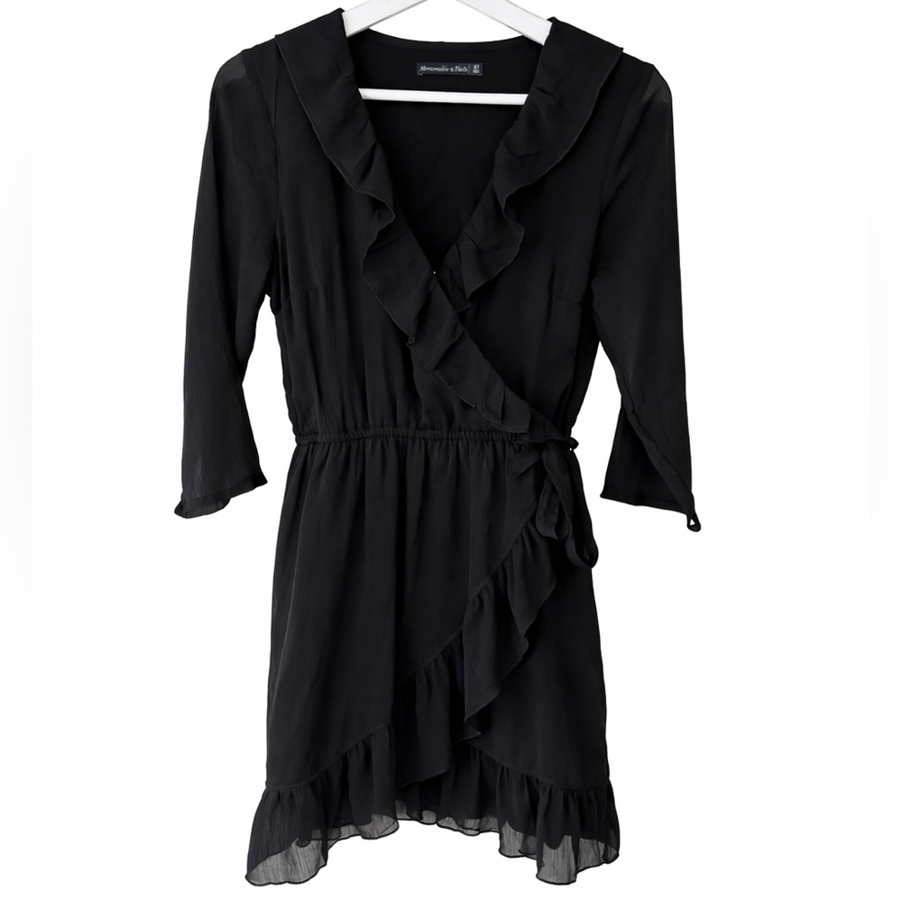 Abercrombie & Fitch Black Ruffle Wrap Long Sleeve Mini Dress Size ST - Picture 1 of 7